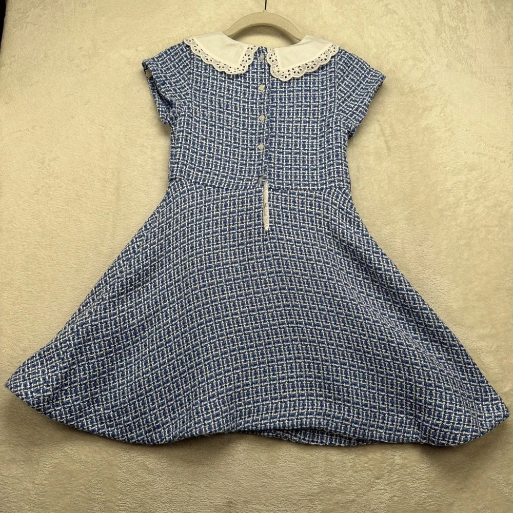 Janie and Jack Tweed Dress Girls 8 Blue White Eyelet Collar Party - Picture 8 of 9